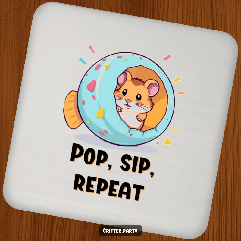 Funny drink coaster with a curious hamster emerging from a giant, colorful party popper, protecting surfaces.