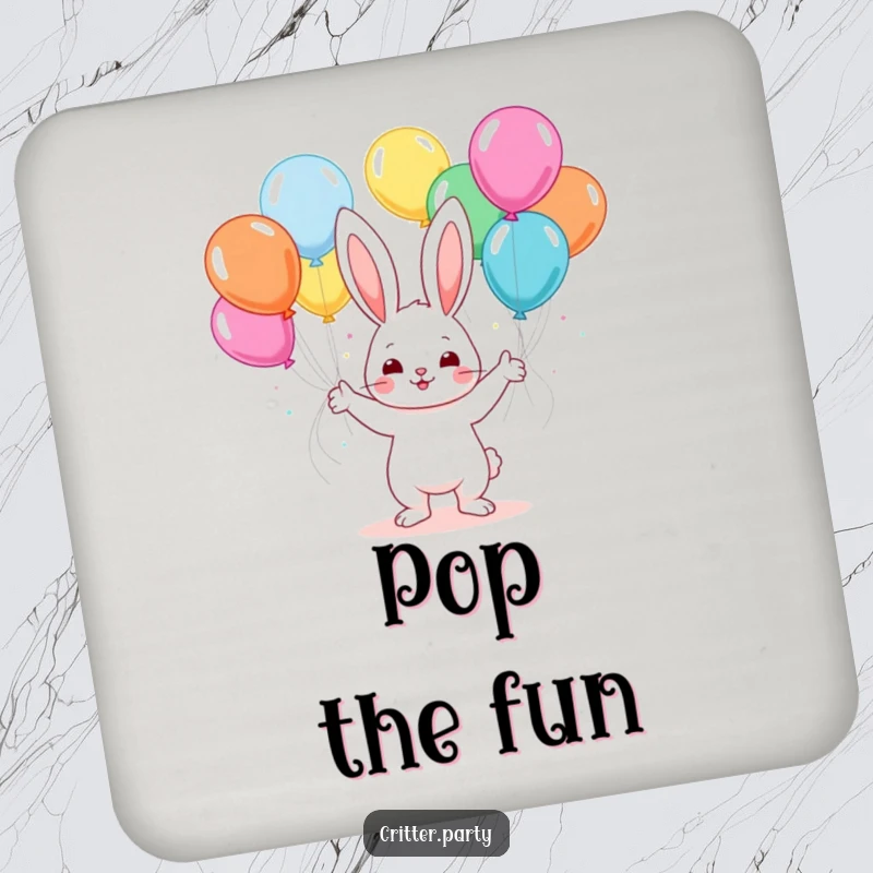 Funny kawaii bunny juggling colorful balloons at a party, decorative coasters for festive table settings.