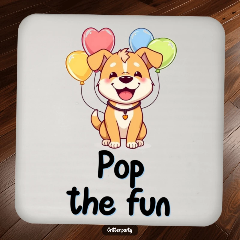Funny coasters depicting a happy dog comically wearing balloons, protecting surfaces with canine charm and celebration.