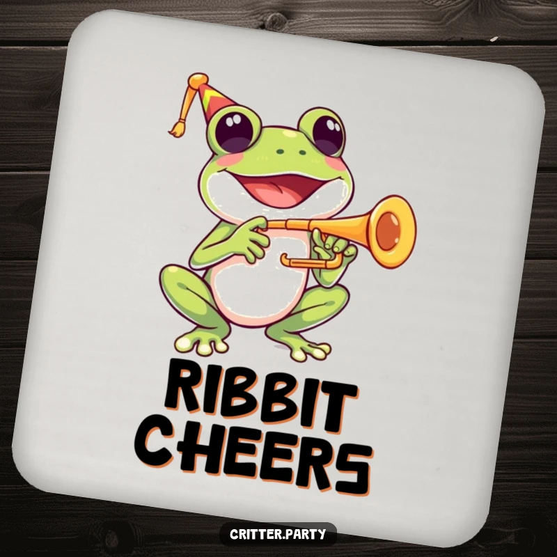 Funny drink coaster featuring a happy frog character joyfully playing a tiny trumpet with a wide smile.