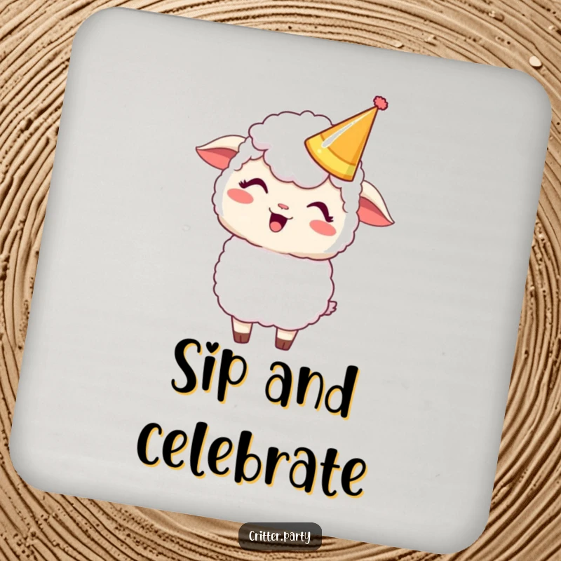 Funny Kawaii sheep wearing a party crown and giggling, adorning this coaster for a touch of humorous protection.