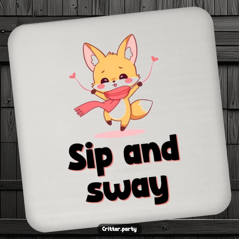 Funny cute fox character dancing energetically, wearing a streamer scarf, printed on protective drink coasters, a lovely funny gift.
