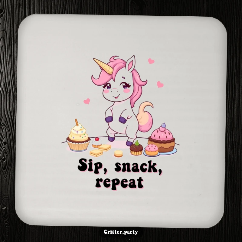 Funny coasters depicting a giggling unicorn dancing around a table stacked with treats, protecting surfaces with magical flair.