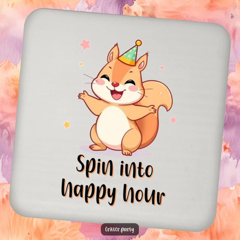 Funny drink coasters featuring a joyful squirrel wearing a tiny party crown, spinning around, adding festive protection and humor.