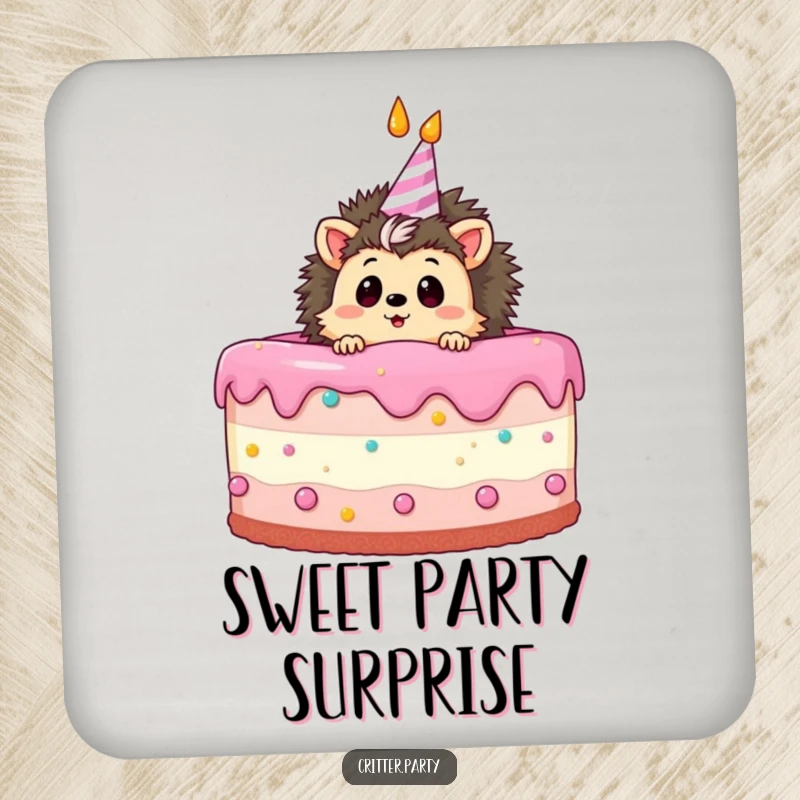 Funny coasters featuring a curious hedgehog peeking out from a birthday cake, adding a surprise element to tabletops.