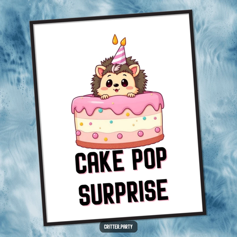 Funny poster featuring a curious hedgehog character peeking out from a massive birthday cake, looking endearingly surprised.