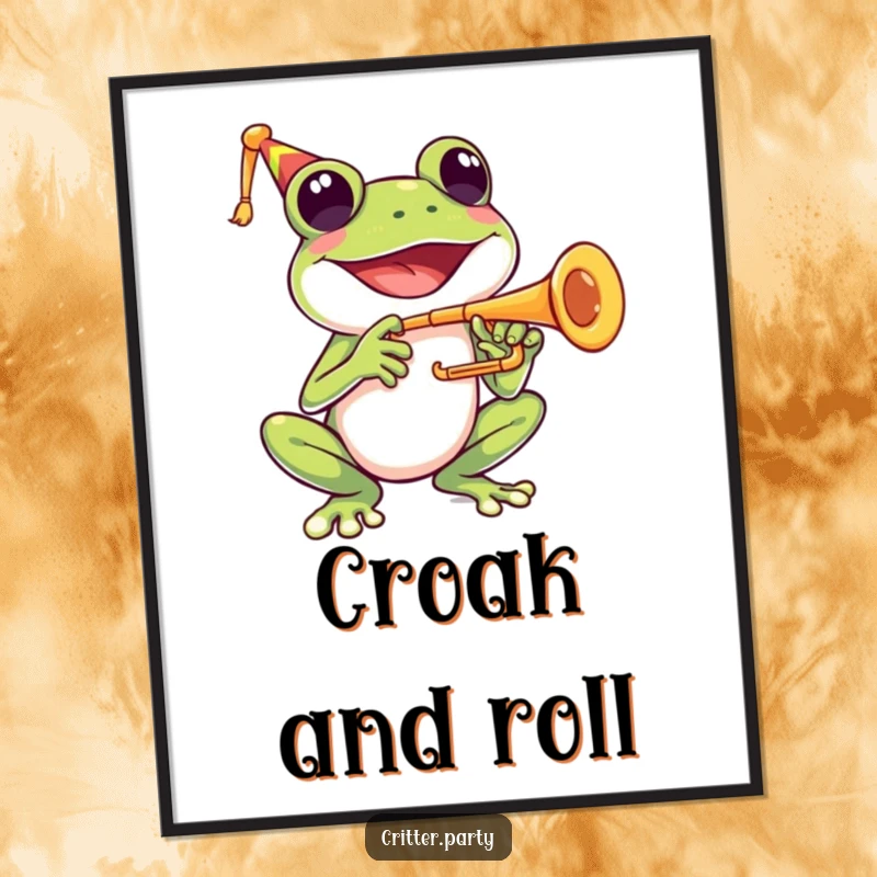 Funny poster of a happy frog character joyfully playing a tiny trumpet with a wide smile.