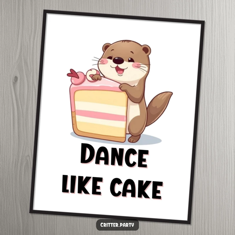 Funny Otter Poster: A cheerful otter performing an energetic silly dance around an enormous slice of cake, full of delight.