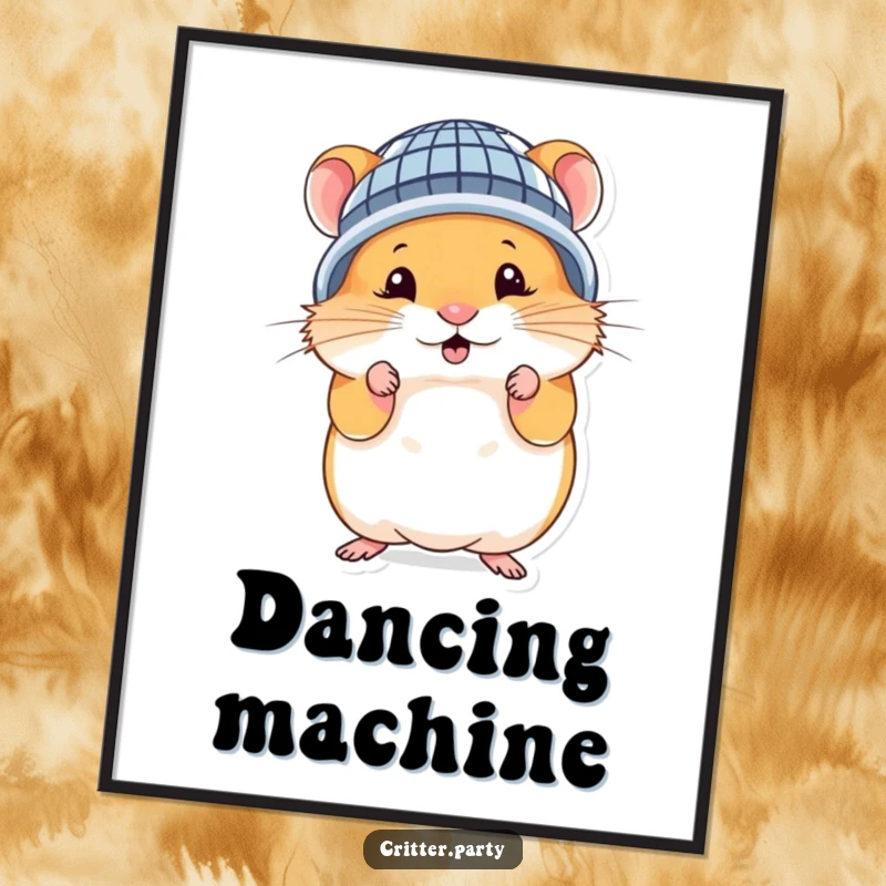 Funny hamster poster of a cute character wearing a miniature disco ball helmet, striking a bold and silly dance pose.