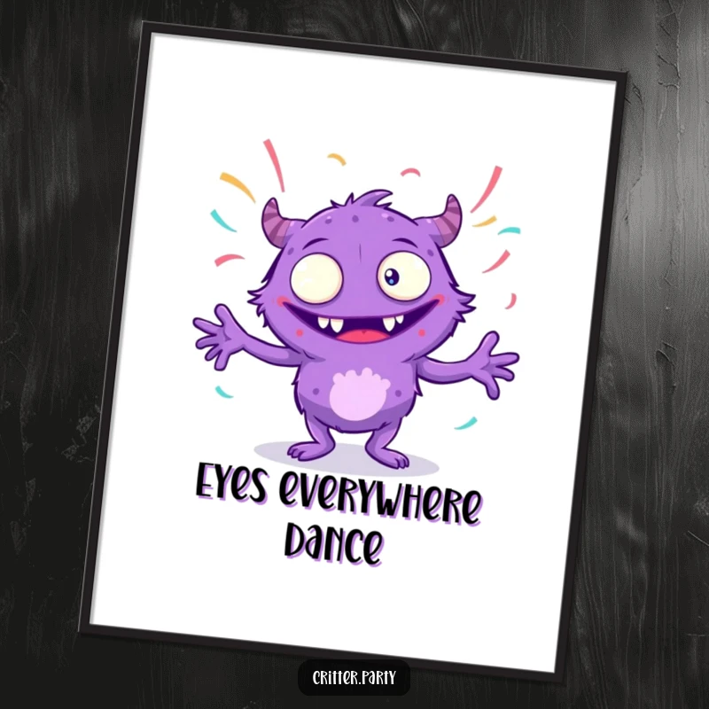 Funny purple monster poster with many eyes, dancing exuberantly with streamers, capturing a moment of pure, uninhibited fun, ideal for decor.