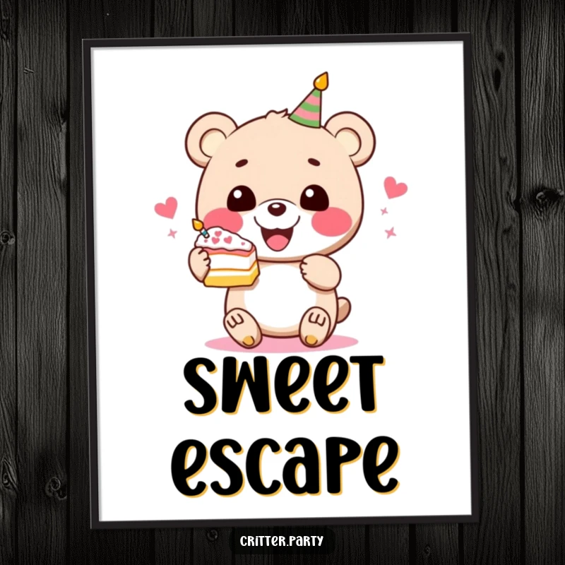 Funny bear cake poster depicting a perky bear character gleefully holding a slice of festive cake, adding cheerful decor.