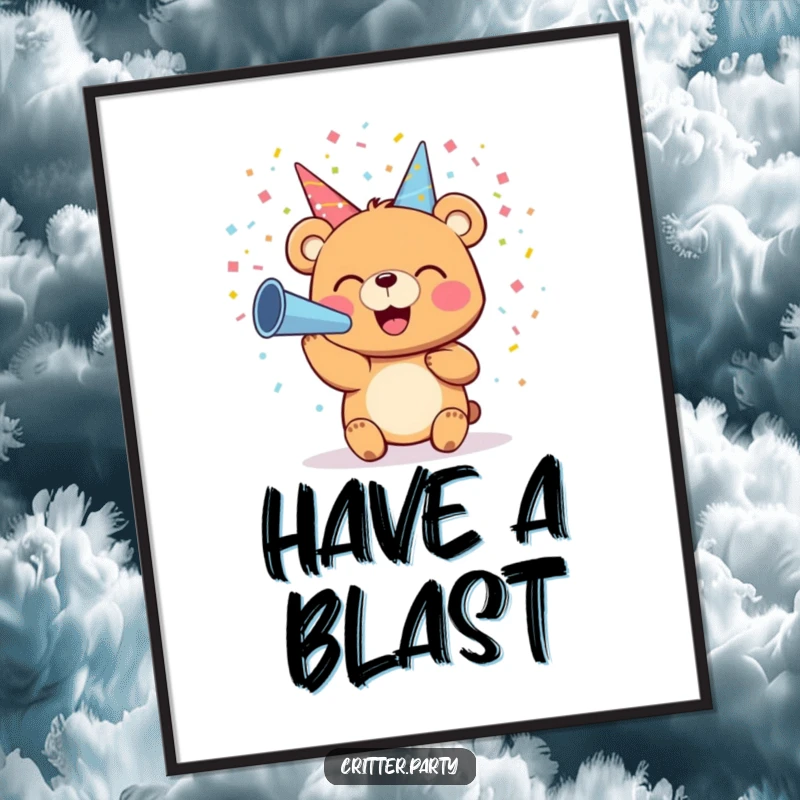 Funny poster art of a small bear joyfully blowing colorful confetti from a party horn with an enormous, happy smile.