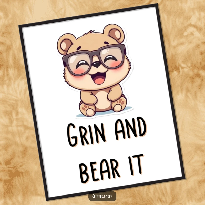 Funny happy bear cub wearing large novelty glasses, laughing heartily, depicted on a vibrant wall poster, perfect funny gift.