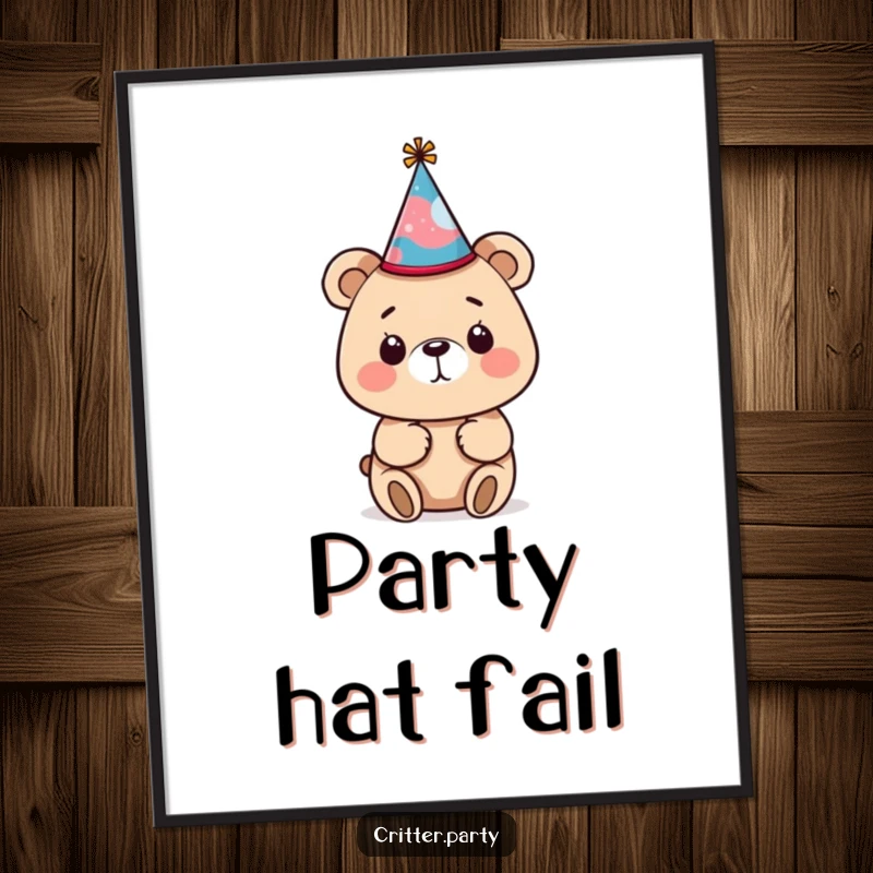 Funny bear poster with a tiny, crooked party hat, capturing the bear's curious and comical struggle to wear it, perfect wall art.