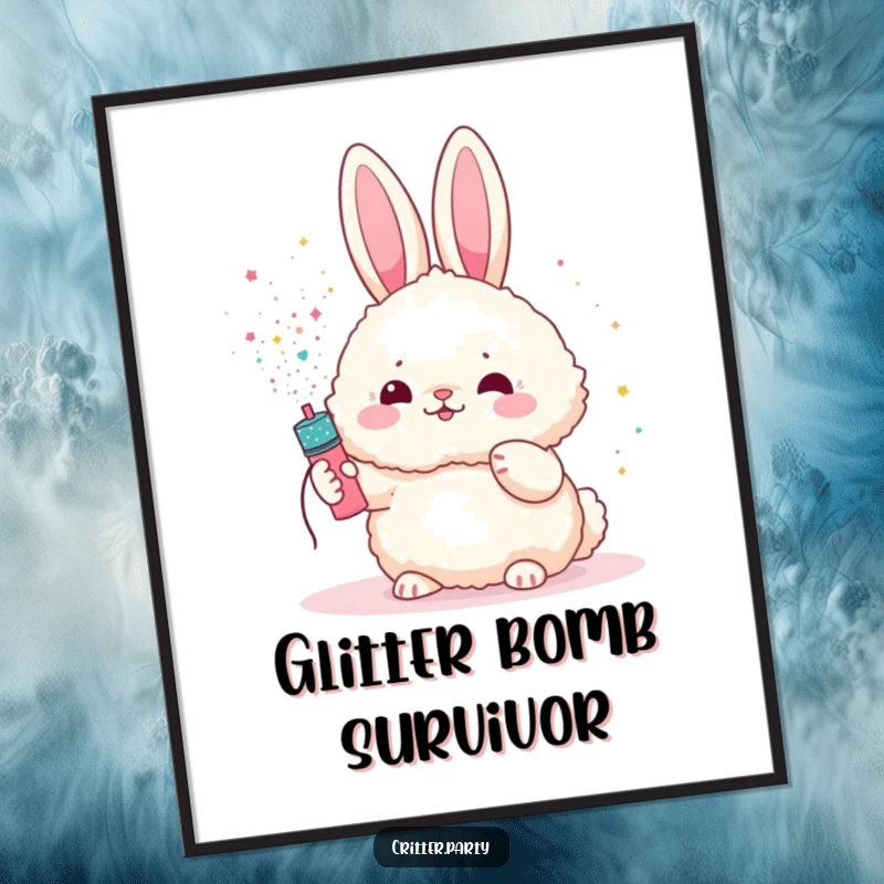Funny bunny poster featuring a fluffy bunny character showered with glitter from a miniature party popper, embodying festive fun.