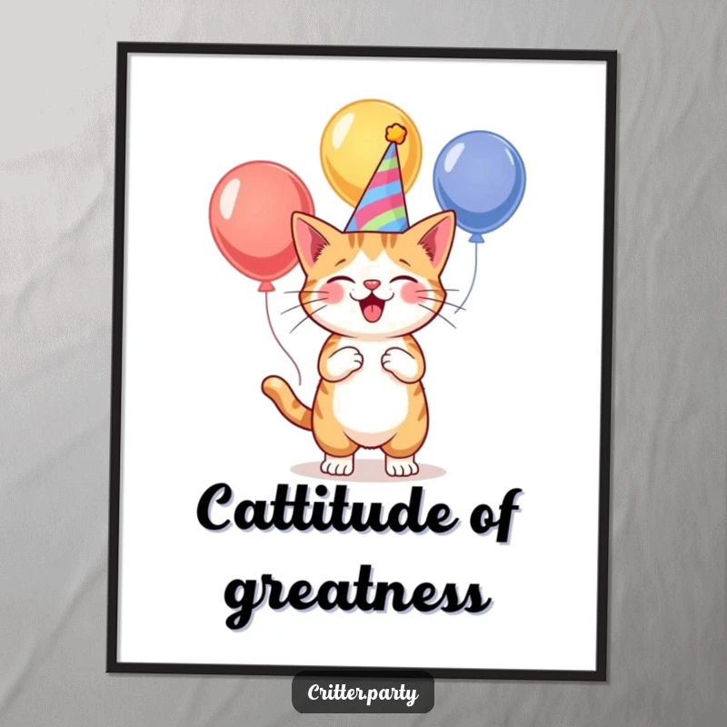 Vibrant funny cat in a party hat, juggling three colorful balloons mid-air, creating a joyful scene on a wall poster.