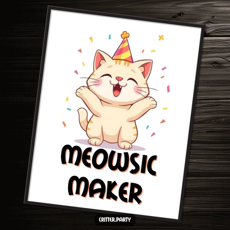 Funny poster of an excited cat wearing a party hat, gleefully tossing confetti.