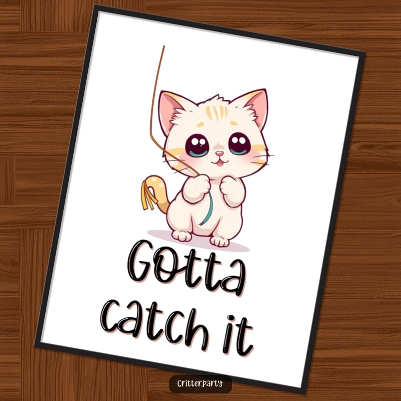 Funny poster art of a small cat character playfully batting at a shiny, dangling streamer with wide, mesmerizing eyes.