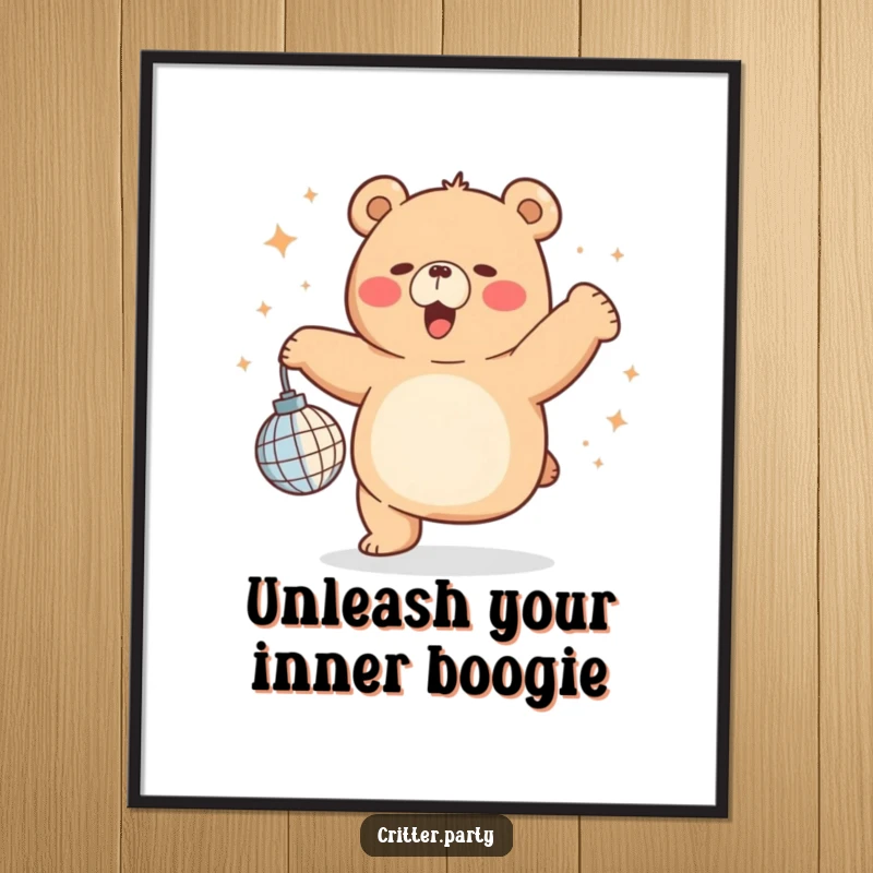 Vibrant poster of a funny chubby bear dancing wildly with a small disco ball, creating an energetic and joyful atmosphere.