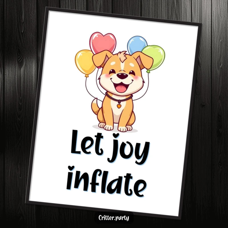 Funny poster of a happy dog humorously wearing a string of colorful balloons, creating a cheerful and whimsical wall decoration.
