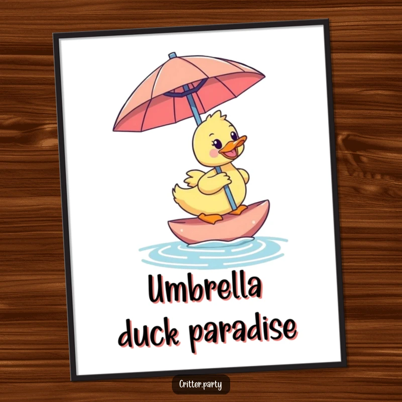 Funny duckling poster showing a happy duckling riding a floating, oversized cocktail umbrella, perfect for adding tropical fun to walls.