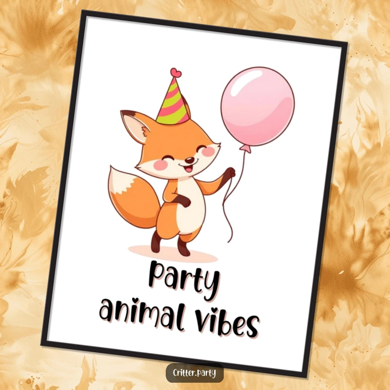 Funny poster: A smiling fox wearing a party hat, joyfully dancing with a large balloon, a humorous and festive artwork.