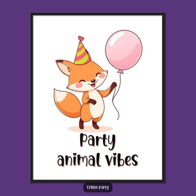 Funny Fox Fiesta Poster: Dancing with Balloon, Wall Art Gift