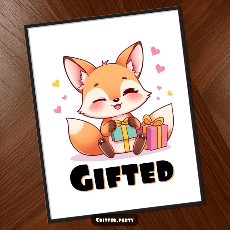 Funny fox juggling poster depicting a winking fox character juggling small, brightly colored gift boxes, adding vibrant decor.