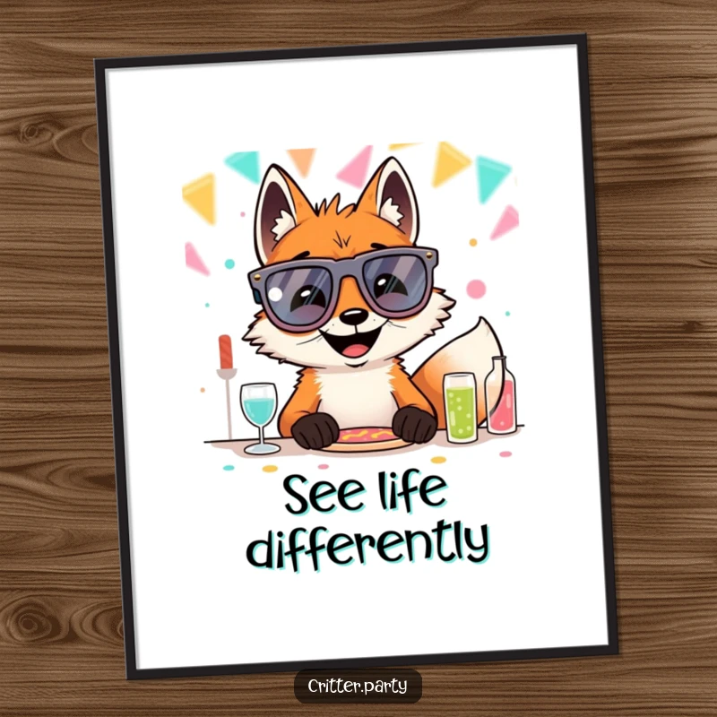 Vibrant funny fox poster depicting a grinning fox in oversized novelty glasses at a party table, perfect for festive decor.