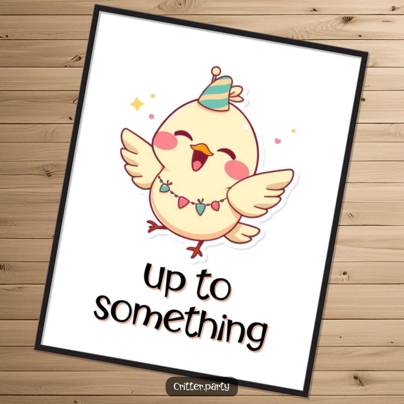 Funny bird poster depicting a joyful character with a huge grin, wearing a party garland and captured mid-flutter.