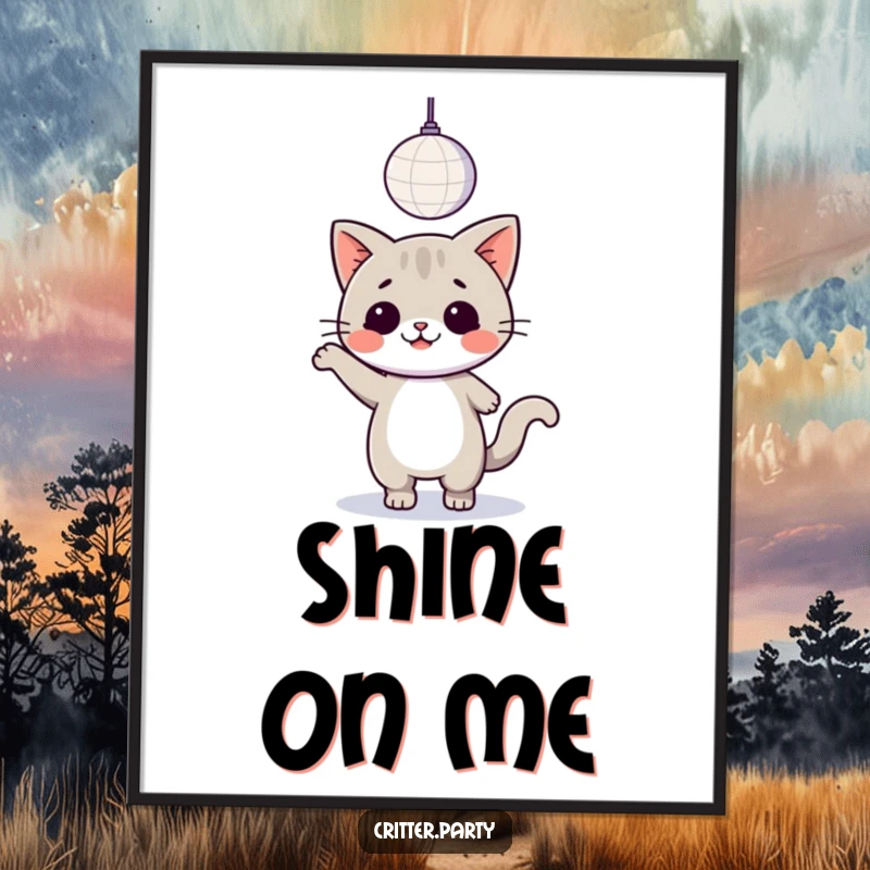 Funny kawaii cat dancing under a sparkling disco ball, a vibrant and energetic piece of wall art.