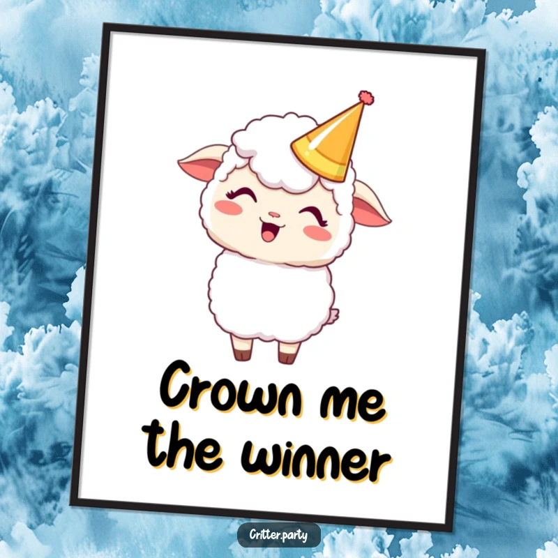 Funny Kawaii sheep with a silly party crown, captured mid-giggle, making this poster a truly humorous piece of art.