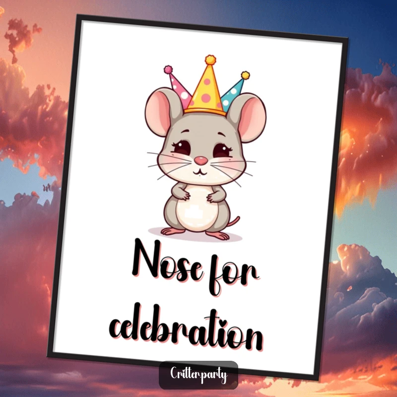 Funny Poster: A small, determined mouse character balances a stack of tiny party hats on its nose, symbolizing focus and fun.