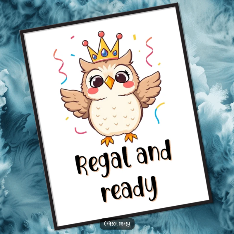 Thrilled owl wearing a festive crown, surrounded by streamers, a majestic and humorous wall art print.