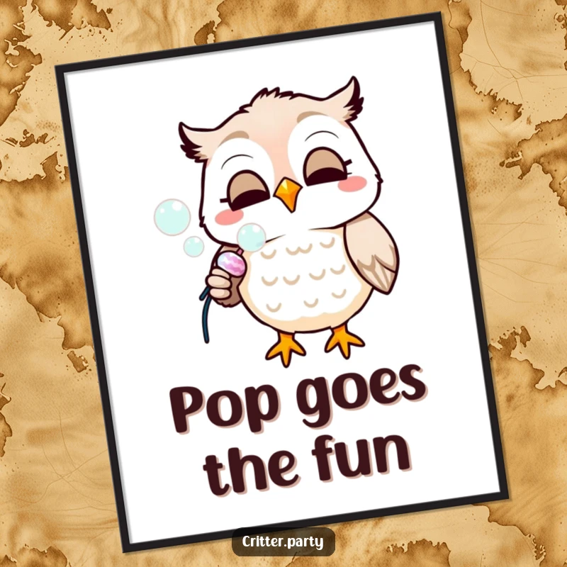 Funny poster of a smiling owl blowing iridescent bubbles from a party popper, creating a cheerful and whimsical wall art.