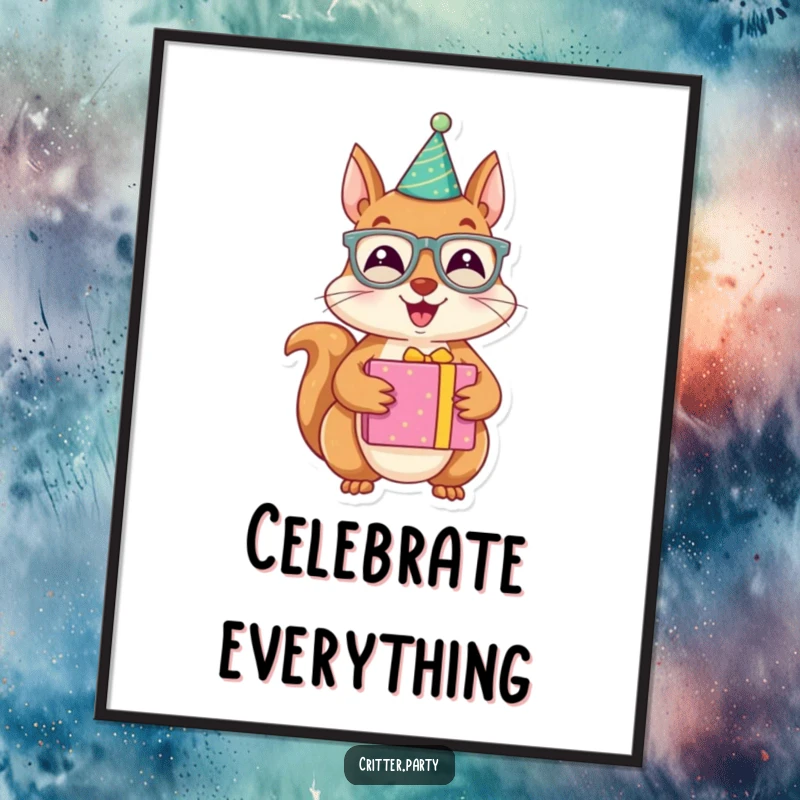 Funny poster art of a joyous squirrel character wearing party glasses and holding a brightly wrapped present, a celebration of festive fun.