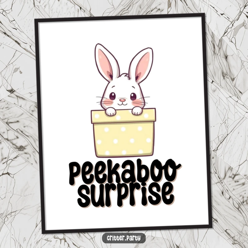 Funny poster art of a curious rabbit peeking out from a brightly wrapped gift box, adding whimsical charm and playful intrigue.