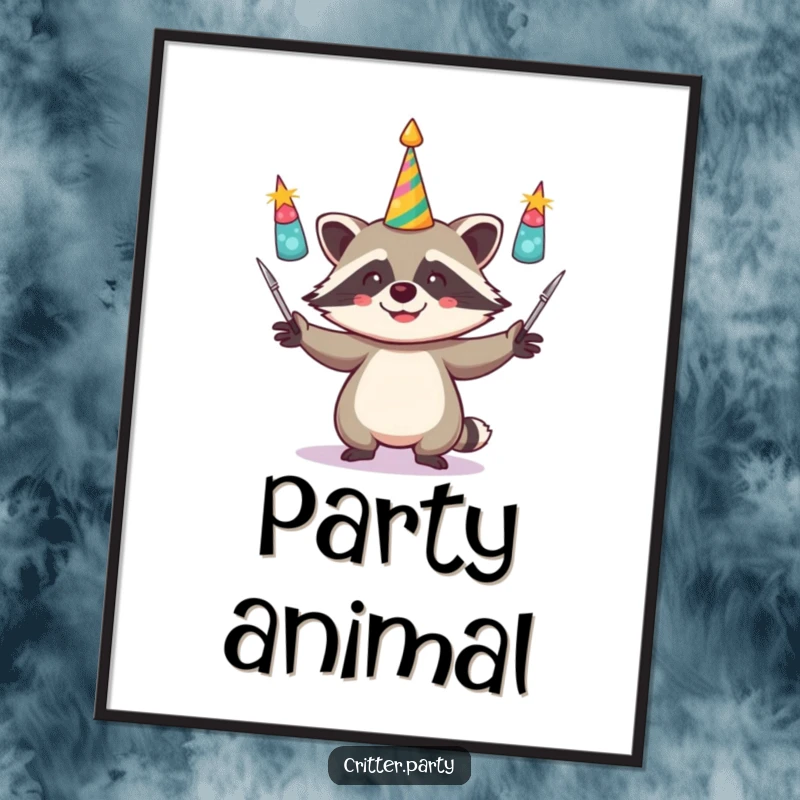 Funny poster showcasing a gleeful raccoon juggling shiny party horns, creating a vibrant and humorous piece of wall art for party lovers.