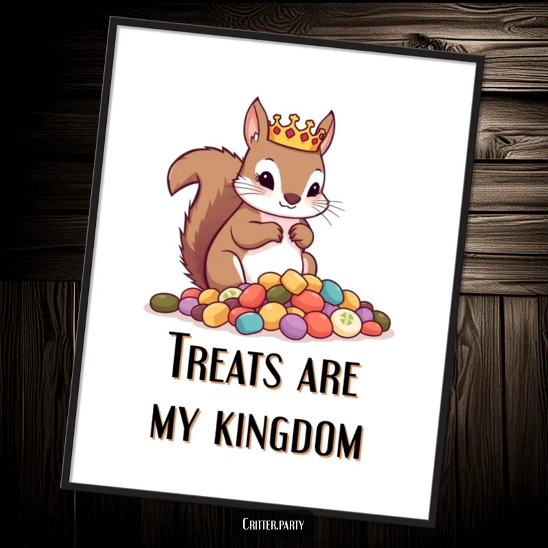 Funny poster showcasing a crowned squirrel majestically surveying a pile of delicious treats, creating a whimsical and regal piece of art.