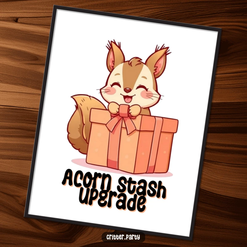 Funny squirrel poster featuring a cute squirrel character excitedly unwrapping a giant present, bringing vibrant, humorous art to any room.