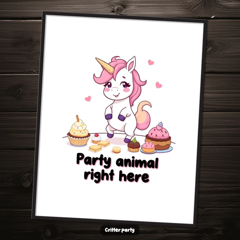 Funny poster of a giggling unicorn joyfully dancing around a table bursting with colorful party treats, a whimsical wall art.
