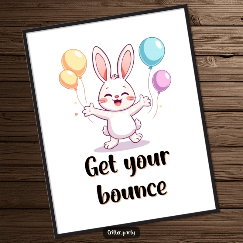 Funny poster art of a cute bunny enthusiastically dancing with arms flailing, surrounded by colorful floating balloons.