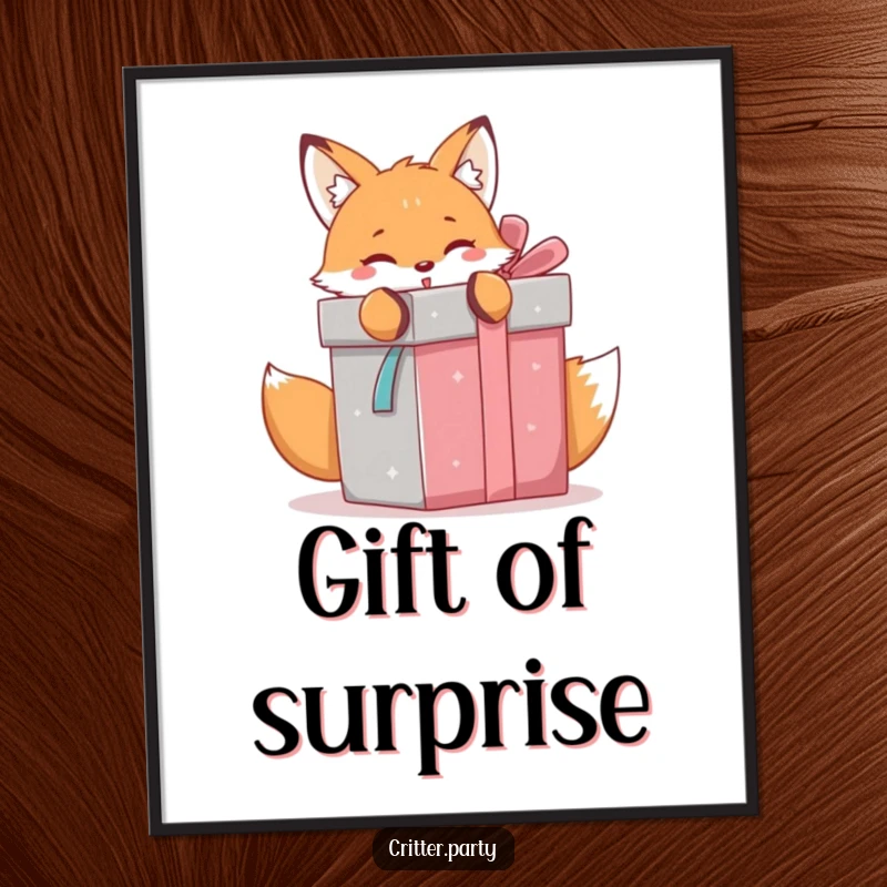 Funny kawaii fox eagerly unwrapping a huge gift box, a vibrant and exciting piece of wall art.