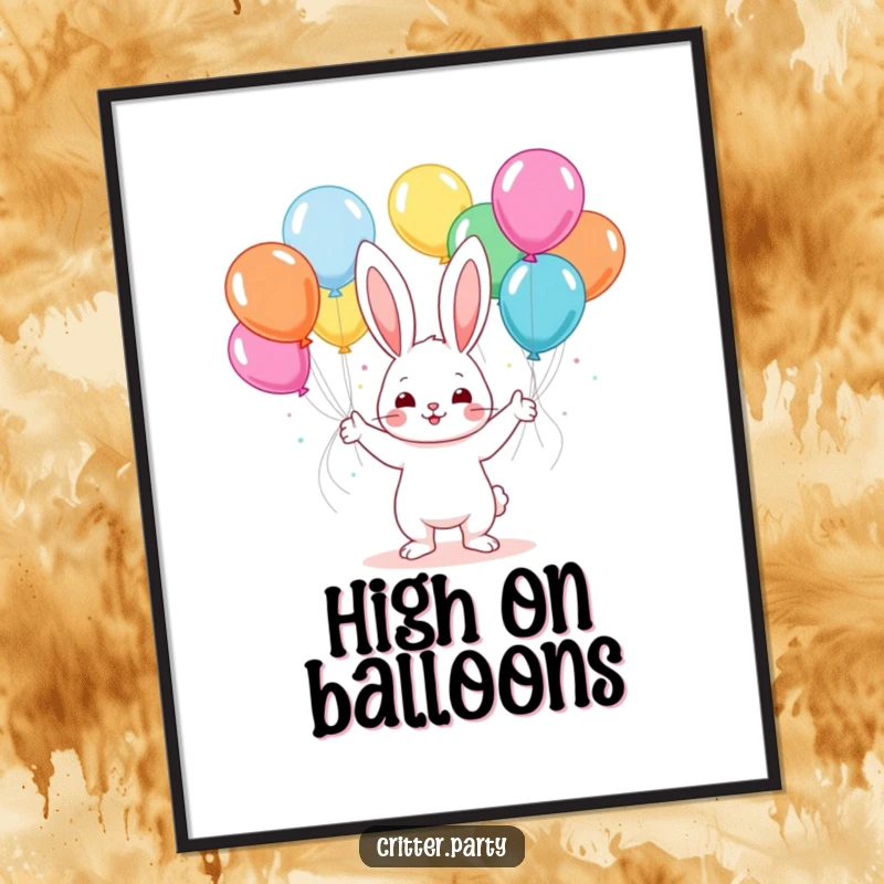 Funny kawaii bunny juggling a cascade of colorful balloons at a party, a vibrant and joyful piece of wall art.