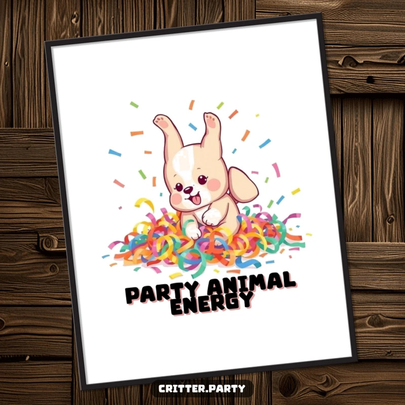 Funny Poster: A playful puppy character attempts a somersault in a pile of colorful streamers, radiating pure, energetic joy.