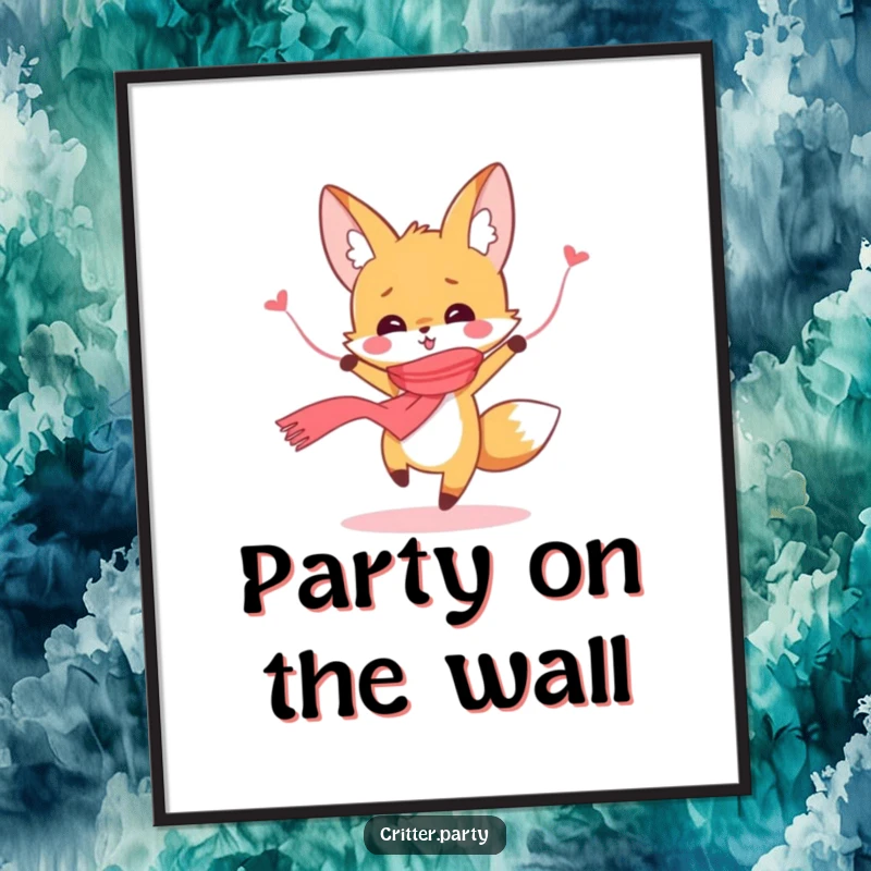 Funny cute fox character dancing exuberantly with a streamer scarf, a vibrant and joyful scene on a wall poster.