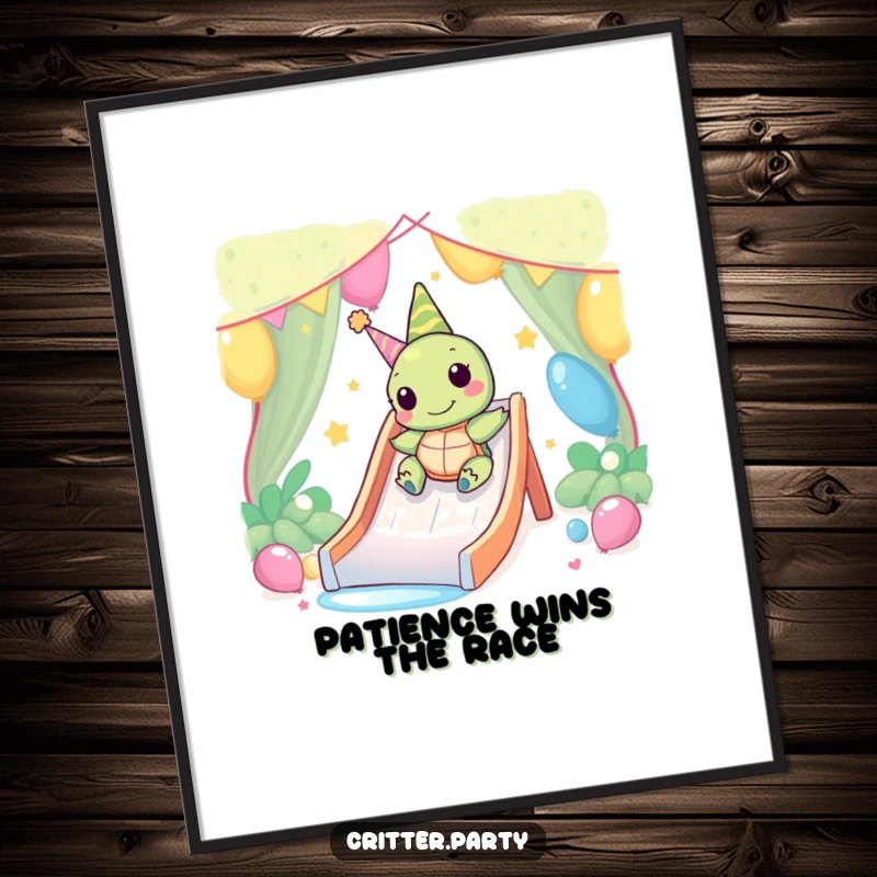 Funny Kawaii turtle character slowly and happily sliding down a party slide, creating a peaceful and funny poster.