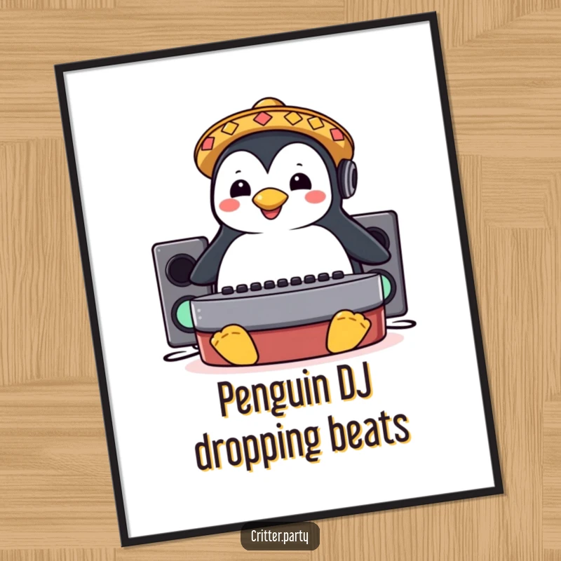 Funny poster art of a happy penguin with a sombrero sliding energetically on a DJ booth, ready to spin tunes.