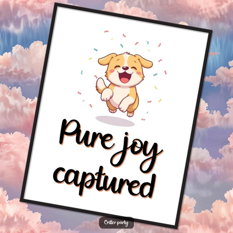 Vibrant funny dog poster depicting pure excitement chasing cascading confetti with a happy, wagging tail, ideal for festive decor.