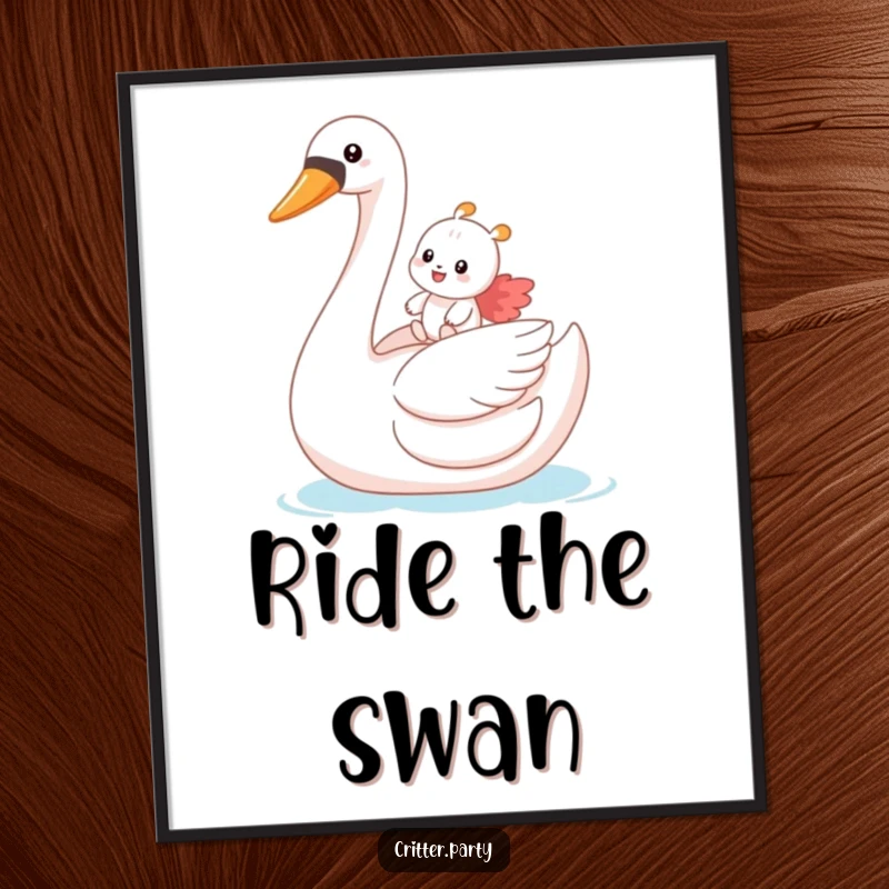 Funny poster featuring a small critter gleefully riding a huge inflatable swan, capturing a moment of pure, hilarious escapism.